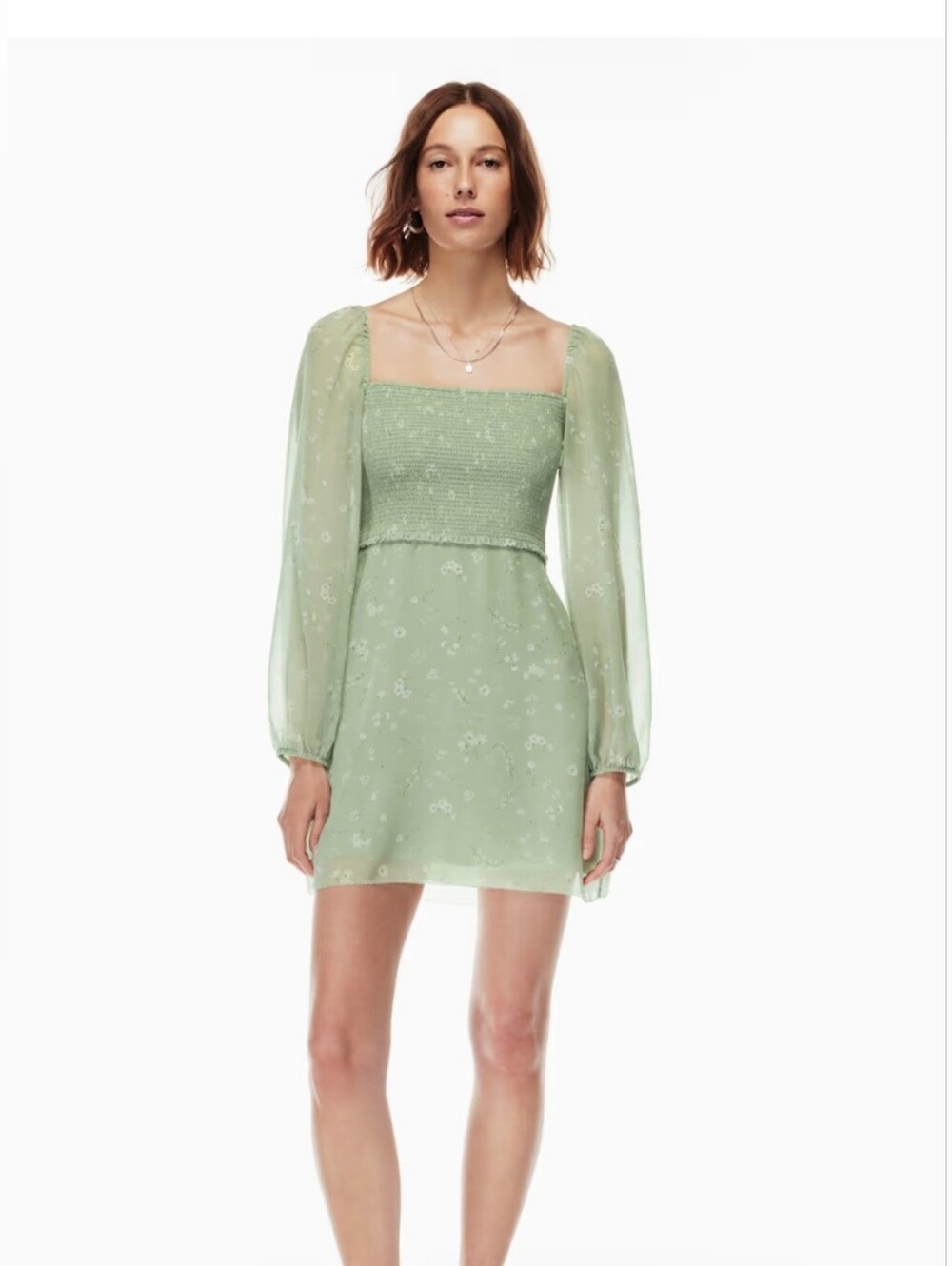 Size 12 Wilfred Sage Green Smocked Square-Neck Mini Dress